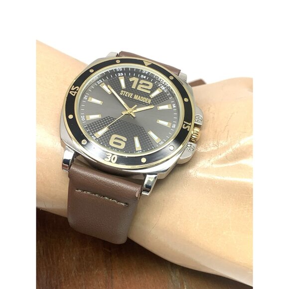 Steve Madden Men's Watch SM-9132TT Quartz Black Dial Brown Leather Band 45mm - Picture 5 of 13